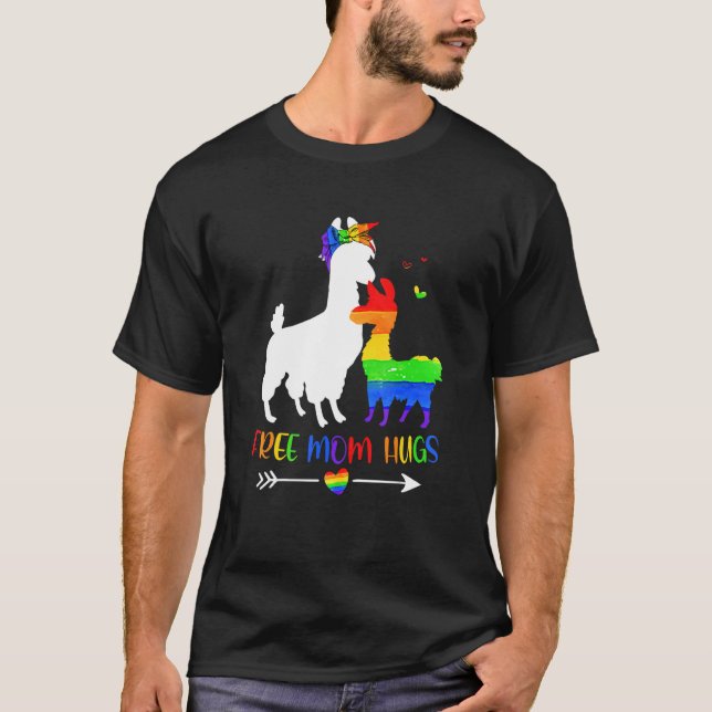 Free Mum Hugs Rainbow Heart Mama Llama Lgbt Pride  T-Shirt (Front)