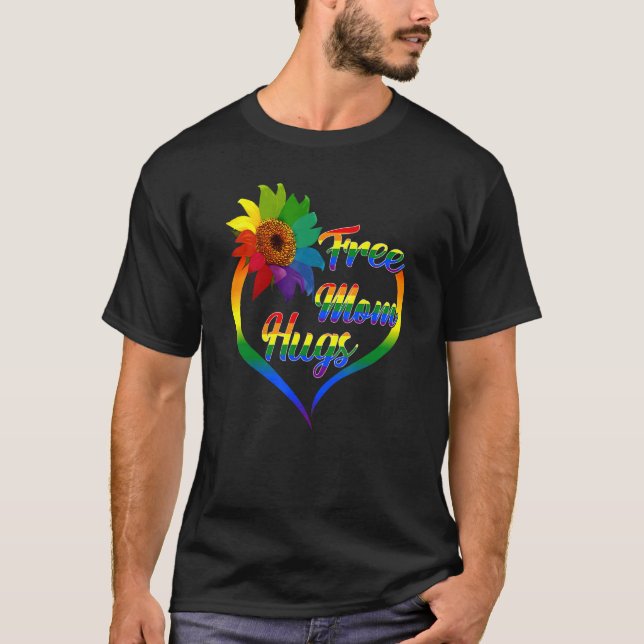 Free Mum Hugs  Rainbow Sunflower Heart Lgbt Pride  T-Shirt (Front)