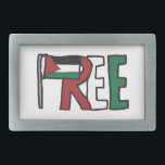 Free Palestine Belt Buckle<br><div class="desc">The Palestinian flag and the letters "REE" make up a "Free Palestine" image of protest. A statement of intent or a howl of rage - colourful and effective sloganeering image.</div>