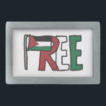 Free Palestine Belt Buckle<br><div class="desc">The Palestinian flag and the letters "REE" make up a "Free Palestine" image of protest.  A statement of intent or a howl of rage - colourful and effective sloganeering image.</div>