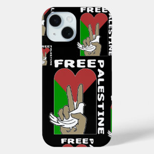 Free Palestine Dove Heart Peace Sign Black iPhone 15 Case
