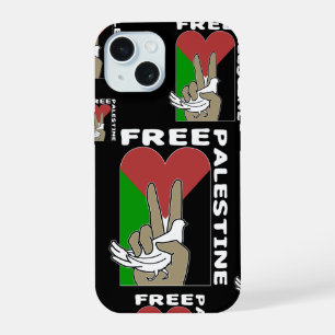 Free Palestine Dove Heart Peace Sign Black iPhone 15 Case