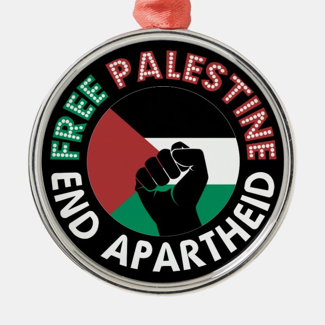 Free Palestine End Apartheid Flag Fist Black Metal Tree Decoration (Front)