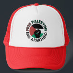 Free Palestine End Apartheid Palestine Flag Trucker Hat<br><div class="desc">Free Palestine End Apartheid white background 
 revolutionary fist
 Palestinian Flag of palestine
 Green Black White Red Palestine flag 
 End Apartheid Israel 
 Join the movement to save Palestinians from Israeli war of aggression 
 Boycott Israel Stop buying Israeli goods
 Middle East conflict</div>