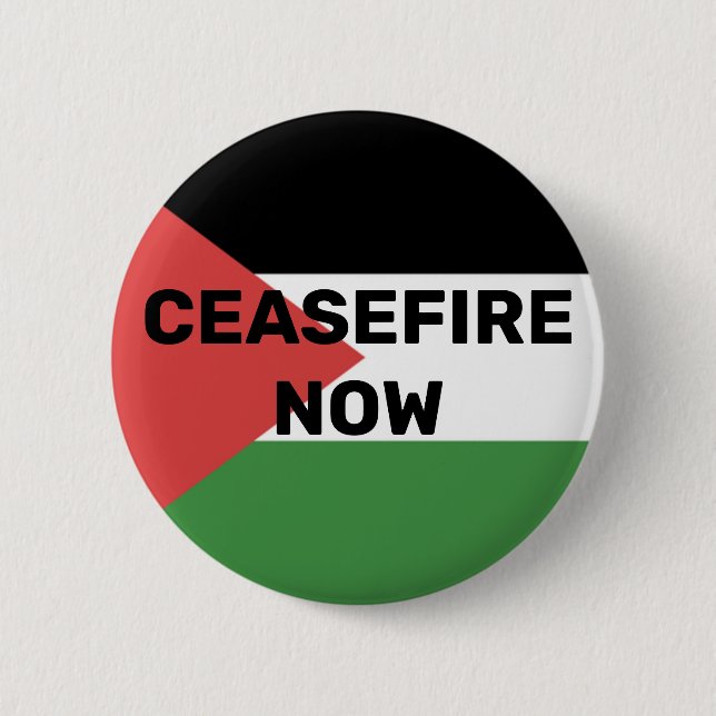 FREE PALESTINE FLAG CEASEFIRE NOW RED BLACK GREEN  6 CM ROUND BADGE (Front)