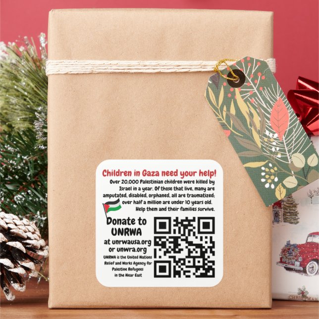 FREE PALESTINE - Help Gaza Children UNRWA QR Code Square Sticker (Holiday)