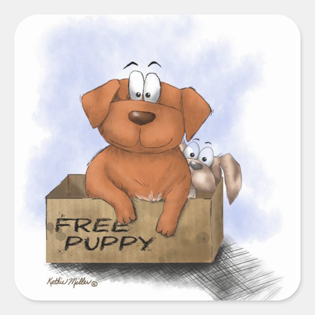 Free Puppy Plus 1 Cartoon Square Sticker (Front)