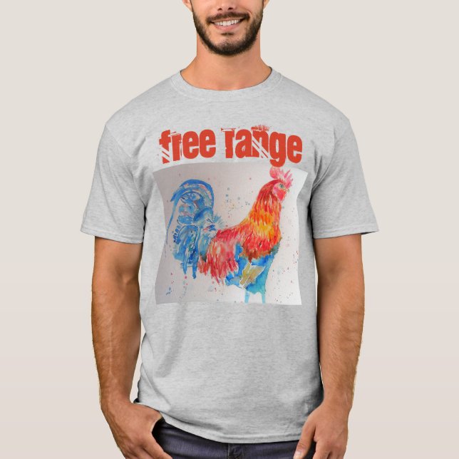 Free Range Chicken Watercolour Rooster T Shirt (Front)