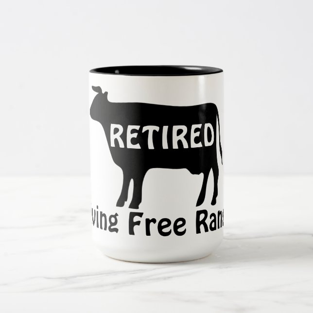 Free Range Living Funny Cow Theme Retirement Two-Tone Coffee Mug (Center)