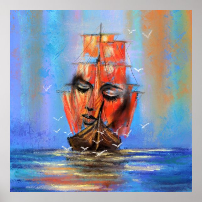 Free Sailing Sailboat Lady - Original Art Painting Poster (Front)