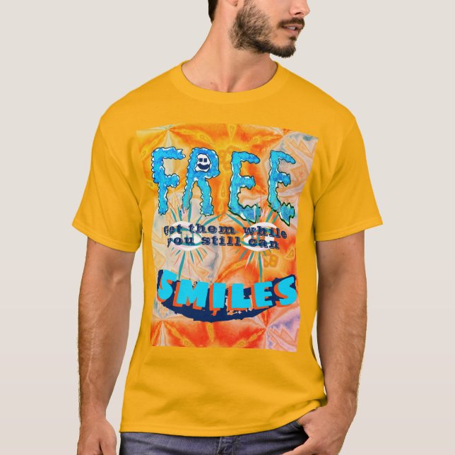 Free Smiles - Smiley Face Bright Colorful Button T-Shirt (Front)