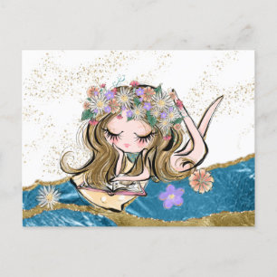 *~*  Free Spirit Flower Child Reading Gold Blue Postcard