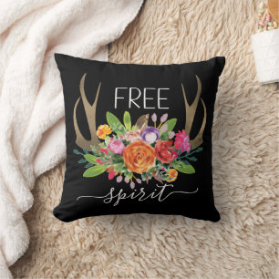 Free Spirit Modern Boho Chic Flowers Antlers Cushion