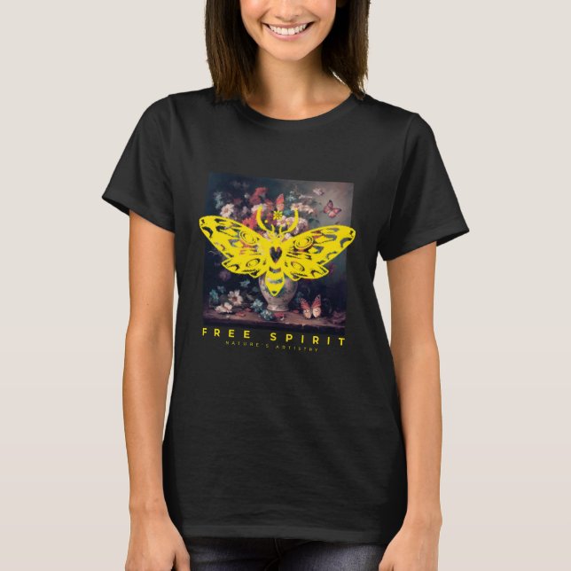 Free Spirit Moth and Flower Vase Black T-Shirt (Front)
