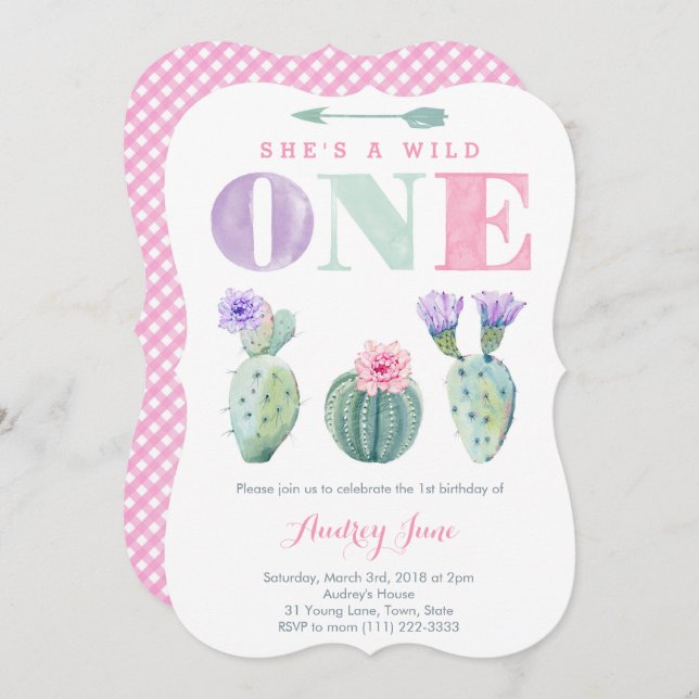Free Spirit Pink Lilac Cactus Girl 1st Birthday Invitation (Front/Back)
