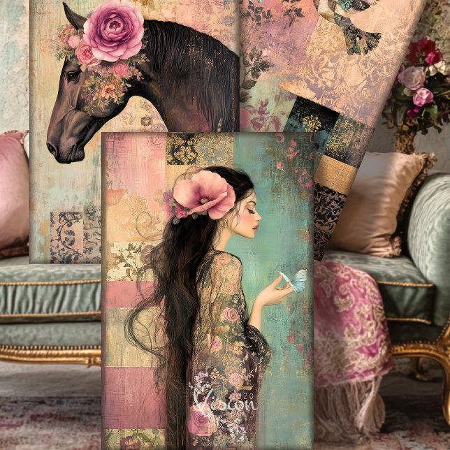 Free Spirit Romantic Core HEAVYWEIGHT DECOUPAGE Wrapping Paper Sheet (Poster Size Canvases with vibrant Boho Patchwork Colour against a mint sage velvet couch)