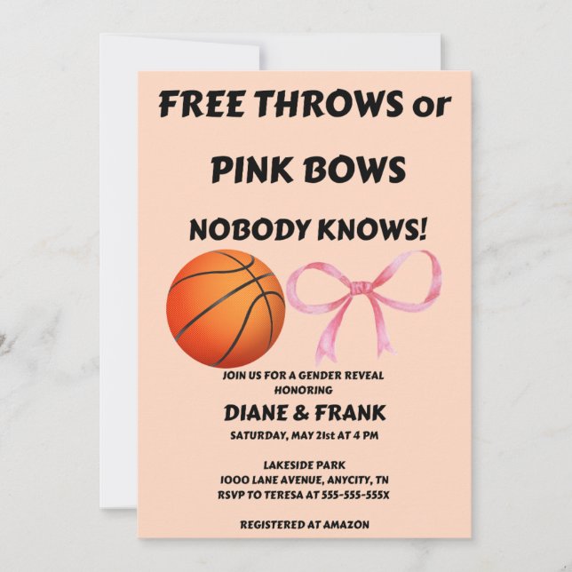 Free Throws or Pink Bows gender reveal party Invitation (Front)