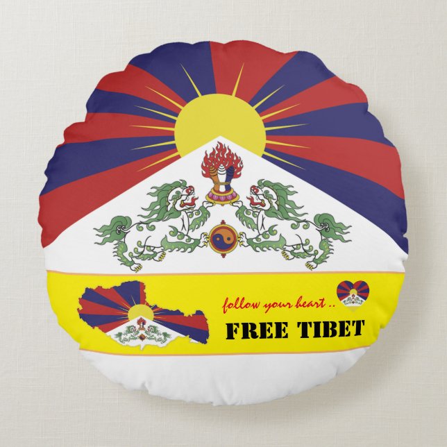 Free Tibet & Tibetan Flag, Map Heart /Tibet Round Cushion (Front)