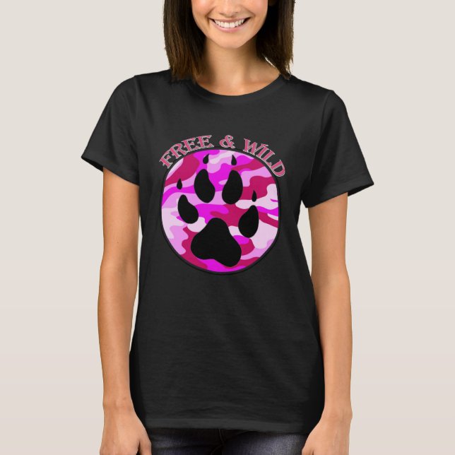 Free & Wild pink camo wolf paw by Mortal Designs T-Shirt (Front)