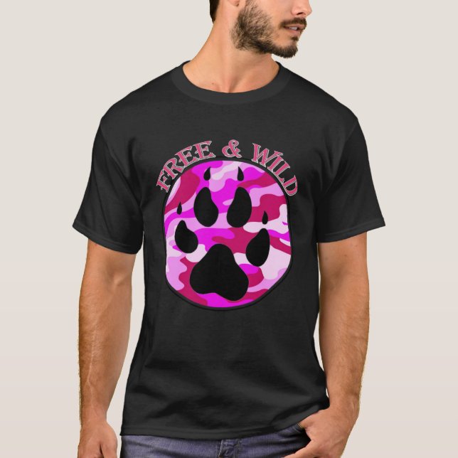 Free & Wild pink camo wolf paw by Mortal Designs T-Shirt (Front)