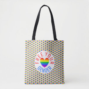 Free your Gender, Rainbow Heart Tote Bag