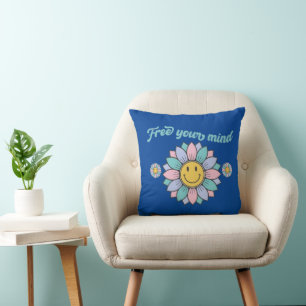 FREE YOUR MIND funny 70's typography design flower Cushion