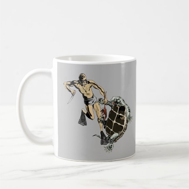 Freediving Diver Fighting a Turtle for a Lobster Coffee Mug (Left)