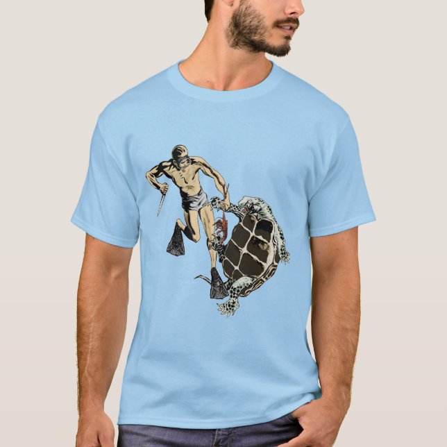 Freediving Diver Fighting a Turtle for a Lobster T-Shirt (Front)