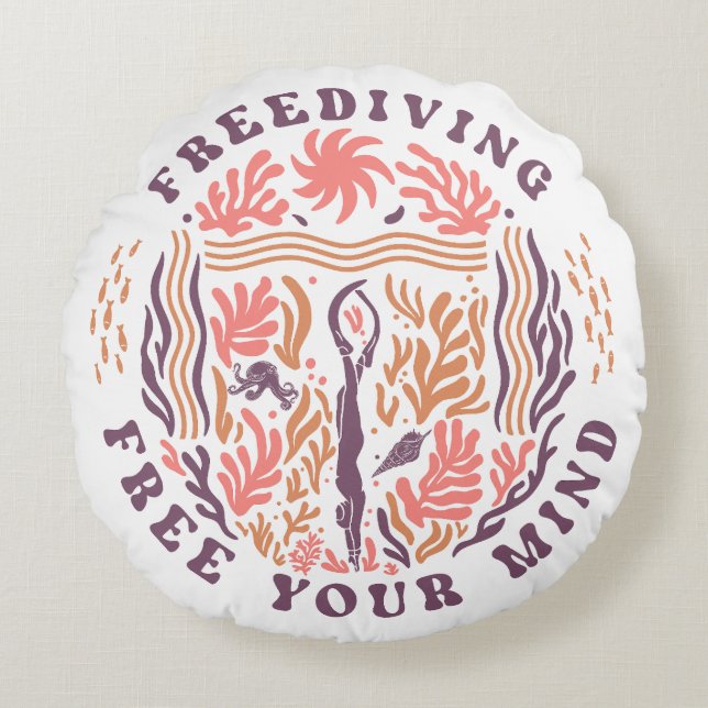 Freediving Free Your Mind Ocean Meditation Diver Round Cushion (Front)