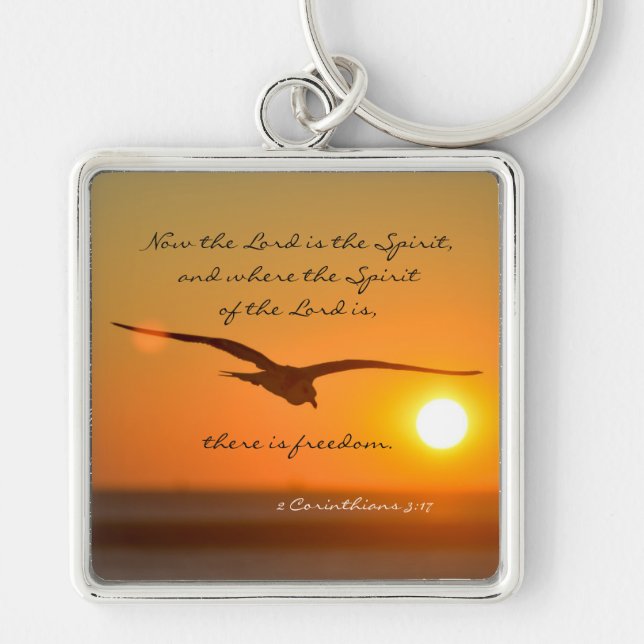 Freedom Bible Verse, Bird Flying at Sunset Key Ring (Front)
