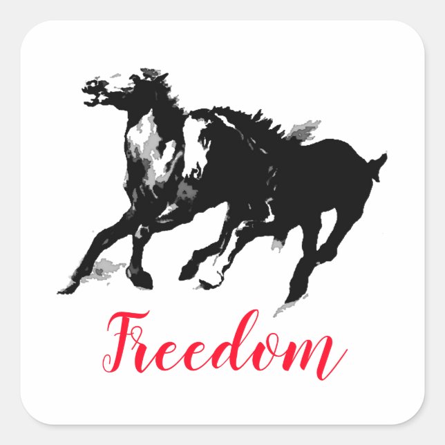 Freedom Black White Pop Art Running Horses Square Sticker (Front)