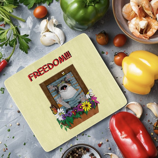 Freedom Escape Funny Cat Yellow Floral Window Cutting Board (Creator Uploaded)