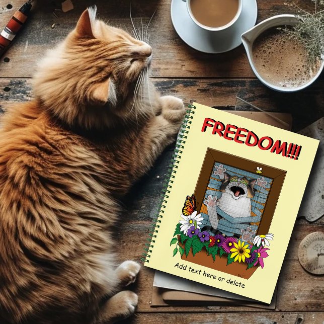 Freedom Escape Funny Cat Yellow Floral Window Notebook (Creator Uploaded)