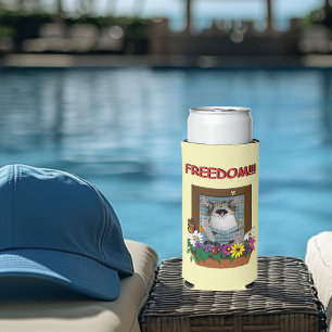 Freedom Escape Funny Cat Yellow Floral Window Seltzer Can Cooler