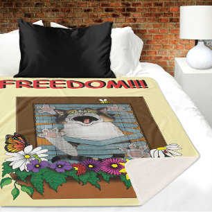Freedom Escape Funny Cat Yellow Floral Window Sherpa Blanket