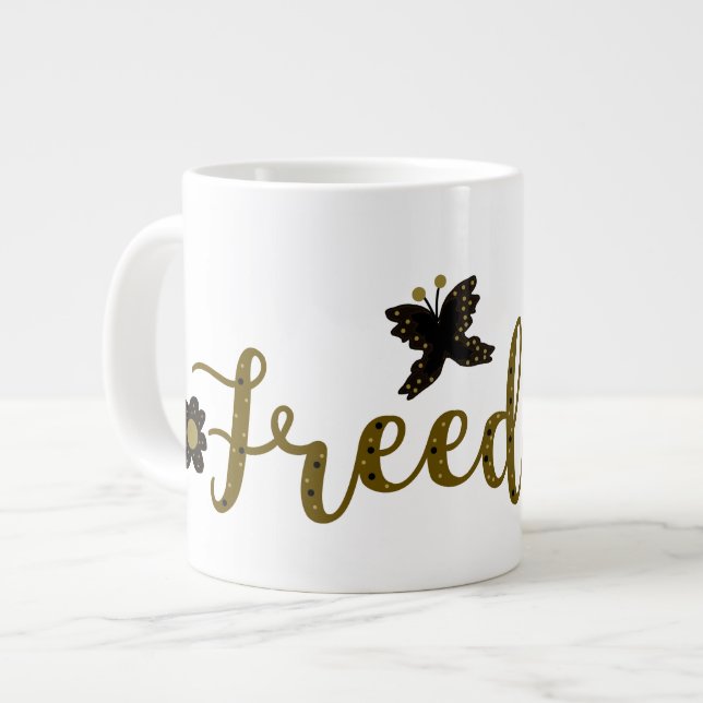 Freedom Golden Boho Spring Butterfly Calligraphy Large Coffee Mug (Front Left)