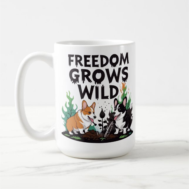 Freedom Grows Wild – Scary Corgi Gardening Cartoon Coffee Mug (Left)