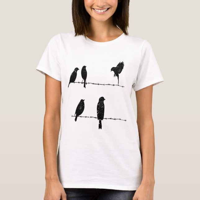 Freedom in Flight: Birds Soaring from Barbed Wire T-Shirt (Front)
