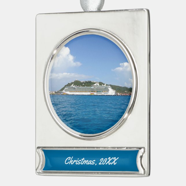 Freedom in the Caribbean Custom Dated Silver Plated Banner Ornament (Left)