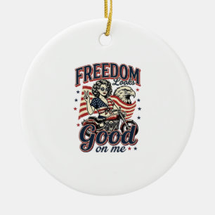 Freedom Looks Good Patriotic Vintage Eagle Ceramic Ornament