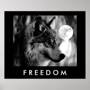 Freedom Motivational Grey Wolf & Moon Poster Print