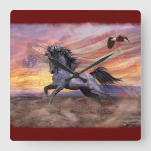 Freedom Mustang & Eagle Patriotic Square Wall Clock