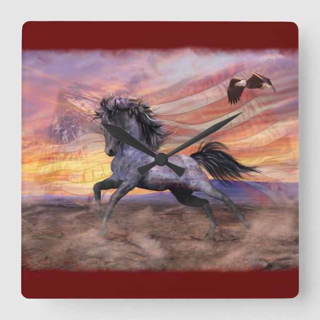 Freedom Mustang & Eagle Patriotic Square Wall Clock (Front)