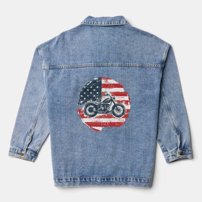 Freedom Ride: Retro Motorcycle and American Flag  Denim Jacket (Back)