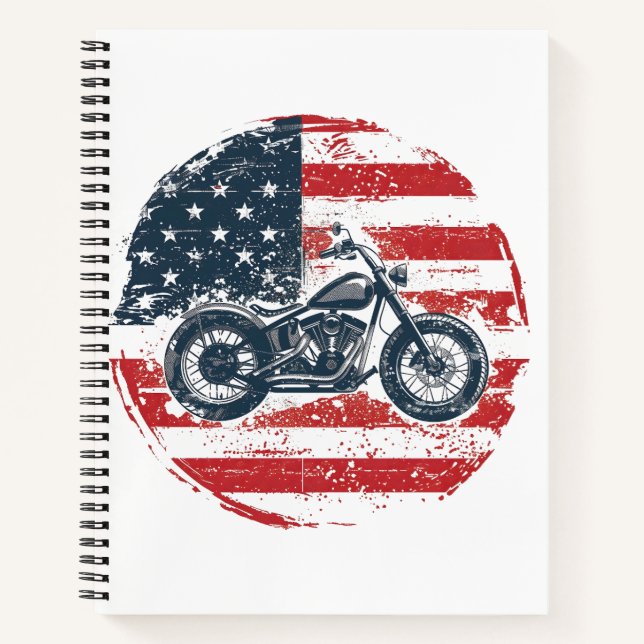 Freedom Ride: Retro Motorcycle and American Flag  Notebook (Front)