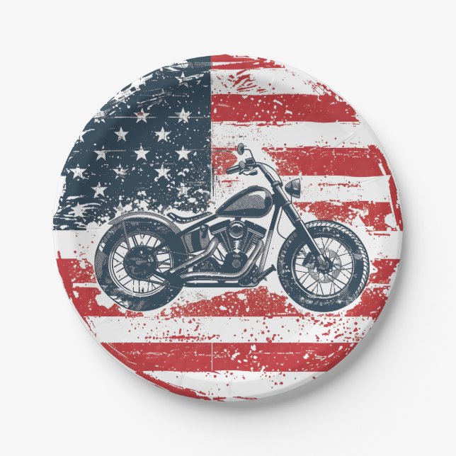 Freedom Ride: Retro Motorcycle and American Flag  Paper Plate (Front)