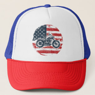 Freedom Ride: Retro Motorcycle and American Flag  Trucker Hat