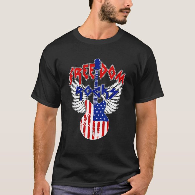 Freedom Rocks 4th Of July Guitar Eagle Wings Ameri T-Shirt (Front)