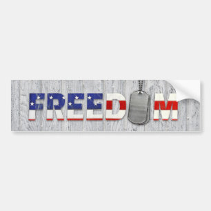 freedom text and military dog tags on wood bumper sticker