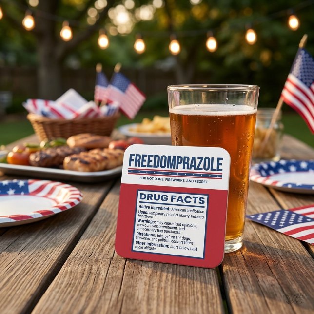 Freedomprazole Funny 4th of July Coasters (Freedomprazole drink coasters arranged in square pattern showing pharmaceutical-style fake label)